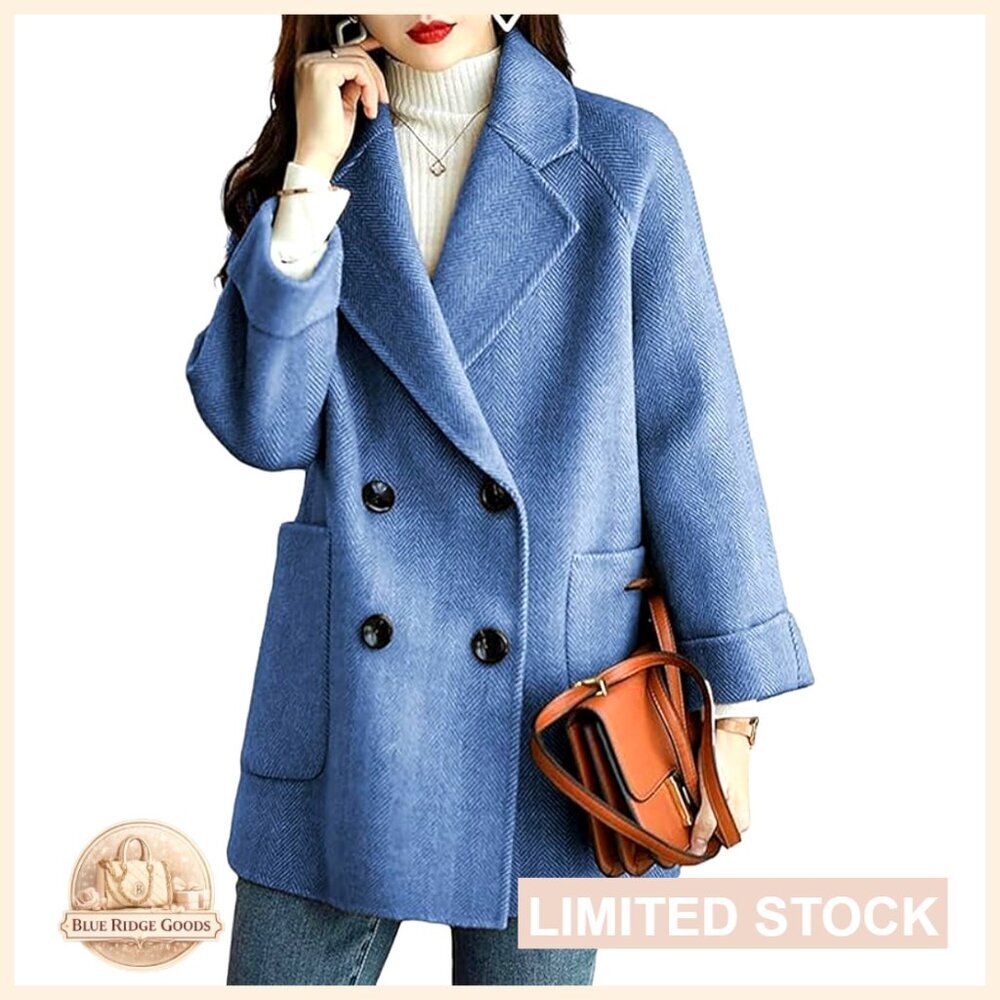 Wool Blend Peacoat Double Breasted Notch Lapel Loose Fit Winter Outerwear